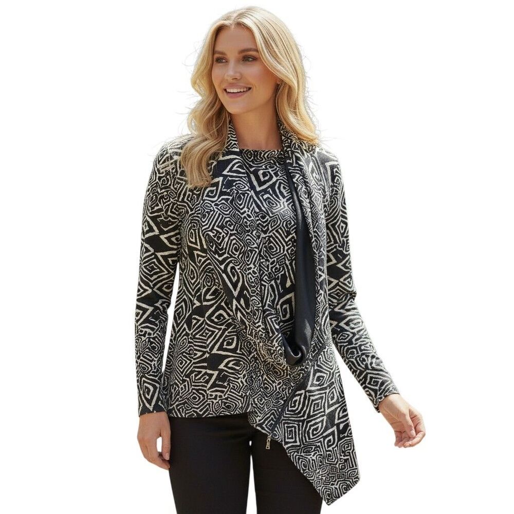 IC by Connie K Womens L Black White Abstract Knit Open Front Cardigan Artsy Boho